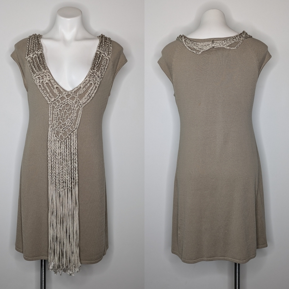 Boston Proper tan crochet v neck sweater dress M